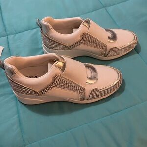 INC International Concepts Silver and White Wedge Sneakers w/rhinestones